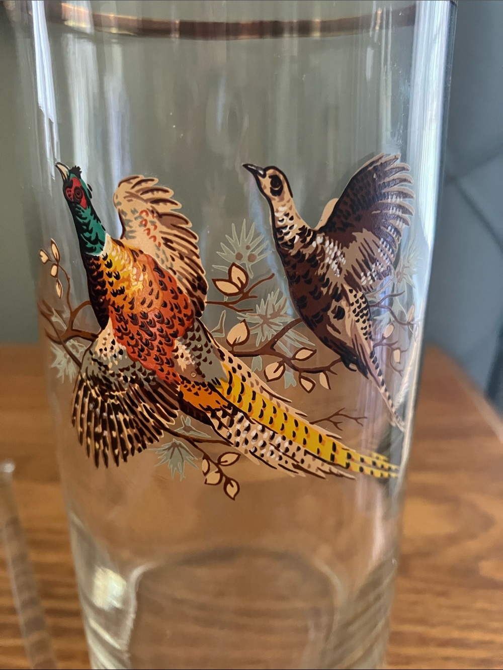 Vintage MCM Drink Mixing Pitcher Pheasants Birds + swizzle stirrer EUC - Picture 4 of 7